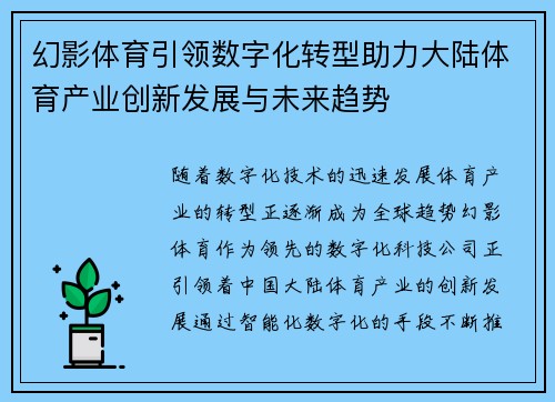 幻影体育引领数字化转型助力大陆体育产业创新发展与未来趋势